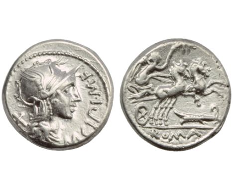 M. Cipius M.f., Denarius, Rome, 115 or 114 BC; AR (g 3,92; mm 17; h 6); Helmeted head of Roma r.; before, M CIPI M F; behind,