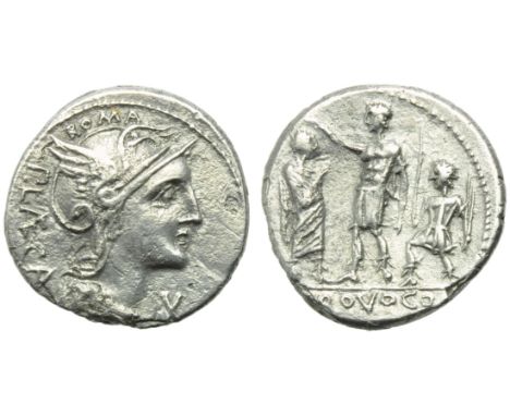 P. Porcius Laeca, Denarius, Rome, 110 or 109 BC; AR (g 3,51; mm 19; h 9); Helmeted head of Roma r.; above, ROMA; before, X; b