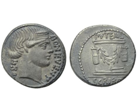 L. Scribonius Libo, Denarius, Rome, 62 BC; AR (g 4,08; mm 19; h 5); Head of Bonus Eventus r.; before, BON EVENT; behind, LIBO