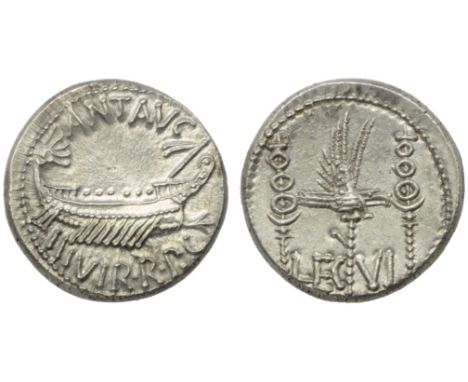 M. Antonius, Denarius, Mint moving with Antonius, 32-31 BC; AR (g 3,76; mm 16; h 6); Ship r., with sceptre tied fillet on pro