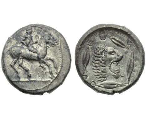 Sicily, Leontinoi, Didrachm, c. 475-455 BC; AR (g 8,68; mm 21; h 1); Horseman galopping r., Rv. ?EO - N - TIN - ON, lion's he