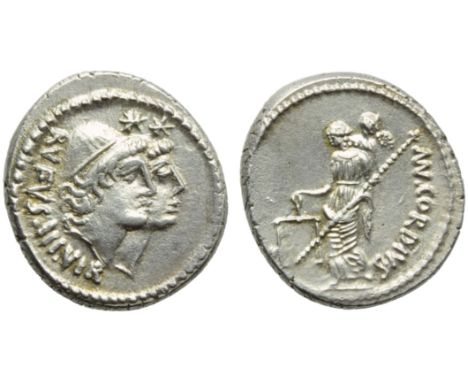 Mn. Cordius Rufus, Denarius, Rome, 46 BC; AR (g 4,07; mm 19; h 2); Jugate heads of the Dioscuri r., wearing pilei decorated w