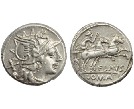 Decimius Flavus, Denarius, Rome, 150 BC; AR (g 3,58; mm 18; h 5); Helmeted head of Roma r.; behind, X, Rv. Luna in biga r., h