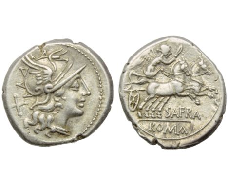 Spurius Afranius, Denarius, Rome, 150 BC; AR (g 4,23; mm 29; h 5); Helmeted head of Roma r.; behind, X, Rv. Victory in biga r