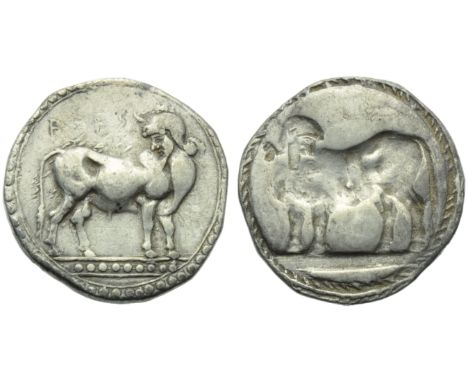 Bruttium, Laos, Stater, c. 510-500 BC; AR (g 7,91; mm 23; h 12); ?AO?, man headed bull standing r., head reverted, Rv. [NO?],