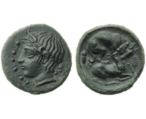 Sicily, Piakos, Hemilitron, c. 425-400 BC; AE (g 4,39; mm 18; h 12); ? - I - A - K - I - N, laureate head of river-god; on l.