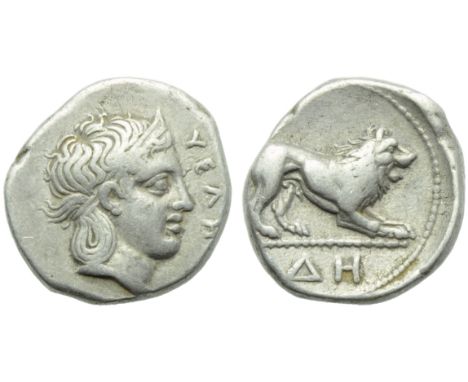 Lucania, Velia, Didrachm, c. 400-340 BC; AR (g 6,87; mm 19; h 3); YE?H, head of nimph r., hair bound in krobylos, Rv. Lion ad