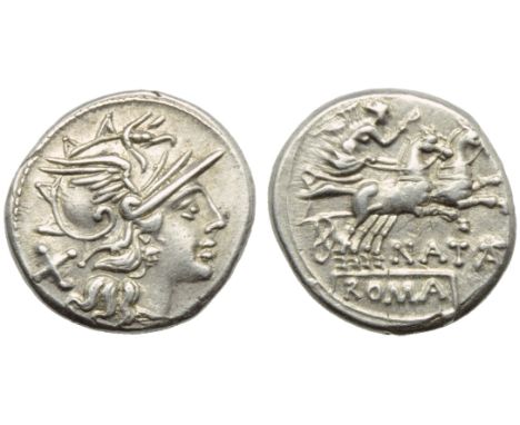 Pinarius Natta, Denarius, Rome, 149 BC; AR (g 3,88; mm 18; h 6); Helmeted head of Roma r.; behind, X, Rv. Victory in biga r.,