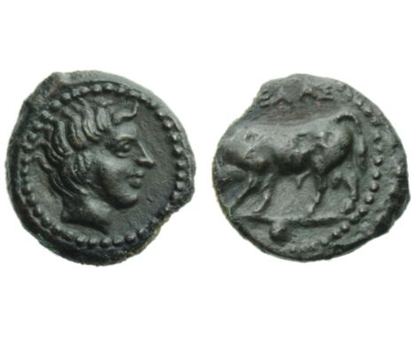 Sicily, Gela, Onkia, c. 420-405 BC; AE (g 1,07; mm 11; h 9); [?]????, bull charging r., on exergual line; below, pellet, Rv. 