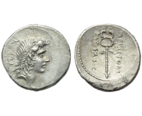 M. Plaetorius M.f. Cestianus, Denarius, Rome, 69 BC; AR (g 3,78; mm 18; h 4); Male head r.; behind, control symbol, Rv. Winge