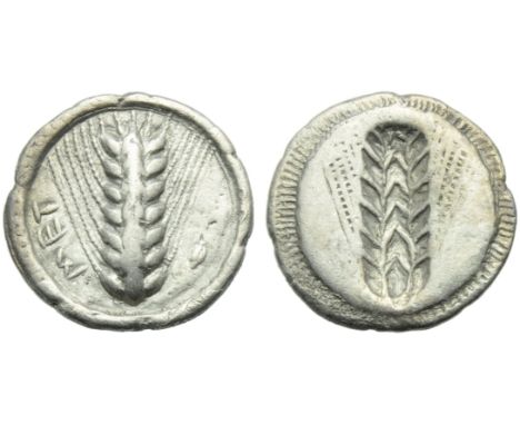 Lucania, Metapontion, Drachm, c. 540-510 BC; AR (g 2,53; mm 17; h 12); MET, barley ear; on r., grain of barley, Rv. Same type