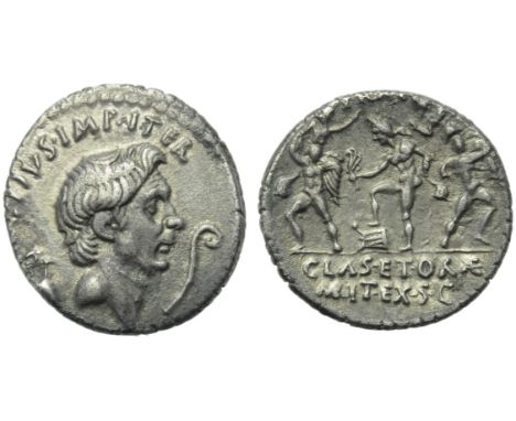 Sextus Pompeius Magnus Pius, Denarius, Sicily, 42-40 BC; AR (g 3,51; mm 18; h 3); Head of Cn. Pompeius Magnus r.; behind jug,