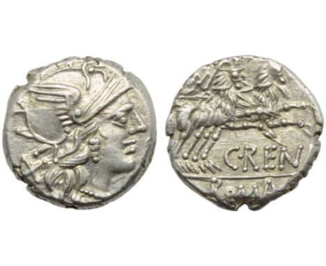 C. Renius, Denarius, Rome, 138 BC; AR (g 3,78; mm 16; h 8); Helmeted head of Roma r.; behind, X, Rv. Juno in biga of goats r.