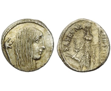 L. Hostilius Saserna, Denarius, Rome, 48 BC; AR (g 3,64; mm 18; h 3); Female head r., with long hair; behind, carnyx, Rv. Art