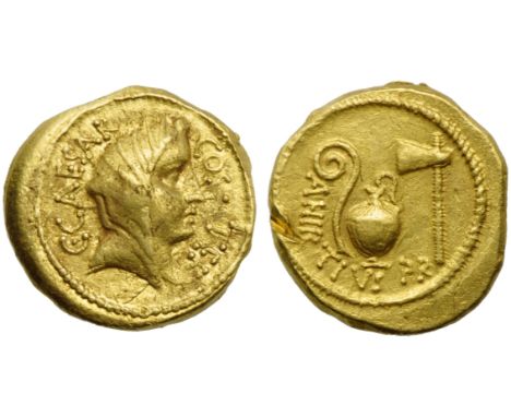 C. Julius Caesar and A. Hirtius, Aureus, Rome, 46 BC; AV (g 8,10; mm 19; h 9); Female head r., wearing veil; around, C CAESAR