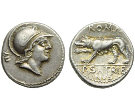 P. Satrienus, Denarius, Rome, 77 BC; AR (g 3,95; mm 18; h 7); Helmeted head of Roma r.; behind, control numeral, Rv. She-wolf