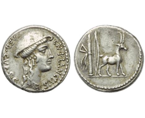 Cn. Plancius, Denarius, Rome, 55 BC; AR (g 4,21; mm 18; h 5); Female head r., wearing causia; before, CN PLANCIVS; behind, AE