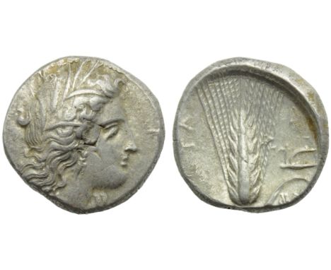 Lucania, Metapontion, Stater, c. 400-340 BC; AR (g 7,92; mm 20; h 11); Head of Demeter r., wearing barley wreath, earrings an
