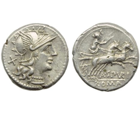 A. Spurilius, Denarius, Rome, 139 BC; AR (g 3,73; mm 18; h 6); Helmeted head of Roma r.; behind, X, Rv. Luna in biga r., hold