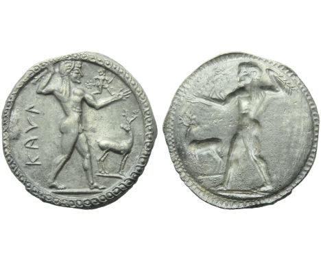Bruttium, Caulonia, Stater, c. 525-500 BC; AR (g 8,07; mm 30; h 12); KAV? (retrograde), Apollo standing r., holding branch an