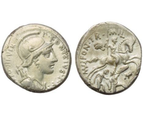 P. Fonteius P.f. Capito, Denarius, Rome, 55 BC; AR (g 3,83; mm 17; h 1); Helmeted and draped bust of Mars r., with trophy ove