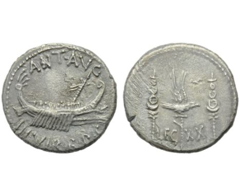 M. Antonius, Denarius, Mint moving with Antonius, 32-31 BC; AR (g 3,52; mm 17; h 6); Ship r., with sceptre tied fillet on pro