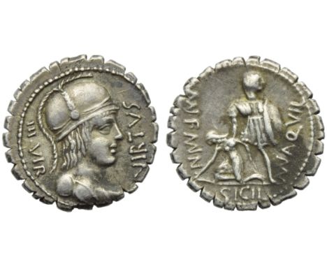 Mn. Aquillius Mn.f. Mn.n., Denarius serratus, Rome, 71 BC; AR (g 3,70; mm 19; h 8); Helmeted and draped bust of Virtus r.; be