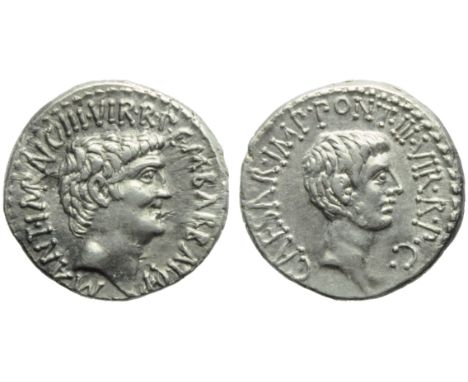 M. Antonius and C. Caesar Octavianus with M. Barbatius, Denarius, Mint moving with Antonius, 41 BC; AR (g 3,75; mm 18; h 12);