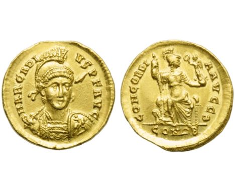 Arcadius (383-408), Solidus, Constantinople, AD 397-402; AV (g 4,50; mm 20; h 5); D N ARCADI - VS P F AVG, helmeted bust faci