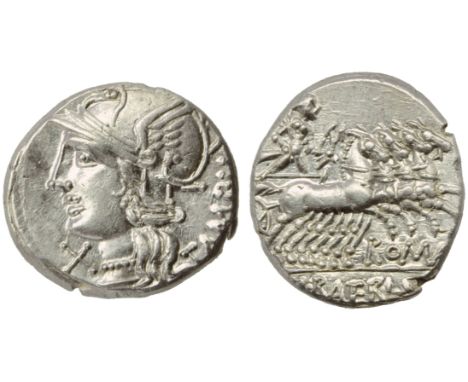 M. Baebius Q.f. Tampilus, Denarius, Rome, 137 BC; AR (g 3,99; mm 19; h 3); Helmeted head of Roma l.; behind, TAMPIL; before, 