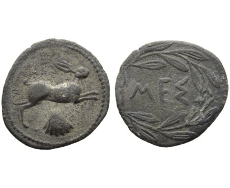 Sicily, Messana, Litra, c. 420-413 BC; AR (g 0,66; mm 13; h 3); Hare r., below, shell, Rv. Rv. ME? all within laurel wreath. 