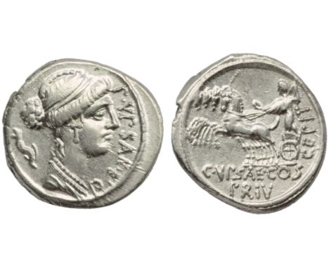 P. Plautius Hypsaeus, Denarius, Rome, 60 BC; AR (g 3,87; mm 19; h 5); Draped bust of Leuconoe r.; behind, dolphin; before, P 