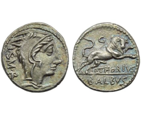 L. Thorius Balbus, Denarius, Rome, 105 BC; AR (g 3,96; mm 19; h 7); Head of Juno Sospita r., wearing goat-skin; behind, downw