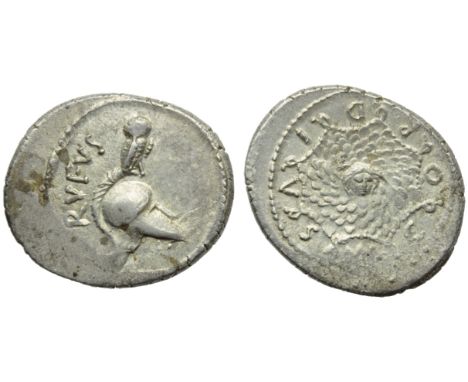 Mn. Cordius Rufus, Denarius, Rome, 46 BC; AR (g 3,85; mm 21; h 11); Crested Corinthian helmet r., surmounted by owl; on l., R