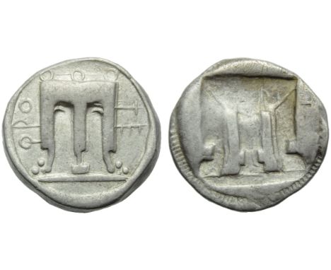 Bruttium, Croton (Temesa or Terina), Stater, c. 480-430 BC; AR (g 7,92; mm 19; h 12); ?PO and TE, tripod, Rv. Same type incus