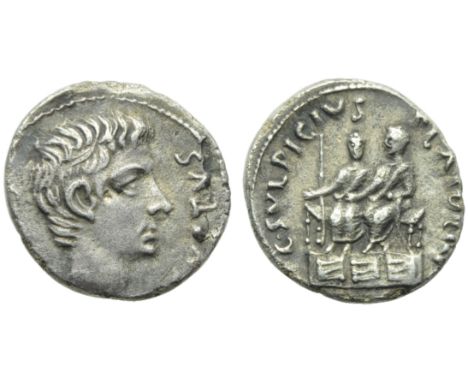 Augustus (27 BC - AD 14), Denarius, Rome, 13 BC; AR (g 2,89 ; mm 18; h 9); CAESAR - AVGVSTVS, bare head r., Rv. C SVLPICIVS -