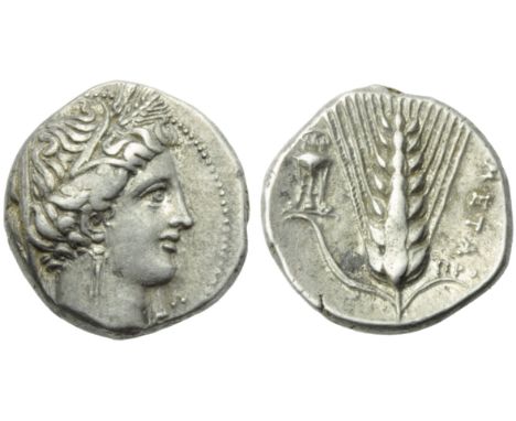 Lucania, Metapontion, Didrachm, c. 225-200 BC; AR (g 8,00; mm 20; h 9); Veiled head of Demeter r., wearing wreath of grain, e