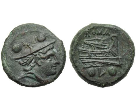 Anonymous (third L series), Sextans, Luceria, 214-212 BC; AE (g 10,73; mm 25; h 11); Draped bust of Mercury r., wearing winge