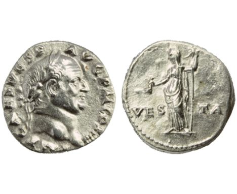 Vespasian (69-79), Denarius, Rome, AD 72-73; AR (g 3,22; mm 17; h 6); IMP CAES VESP - AVG COS IIII, laureate head r., Rv. VES