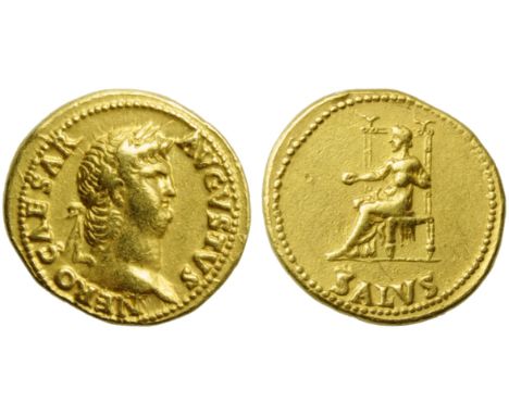 Nero (54-68), Aureus, Rome, c. AD 65-66; AV (g 7,27; mm 20; h 4); NERO CAESAR - AVGVSTVS, laureate head r., Rv. Salus seated 