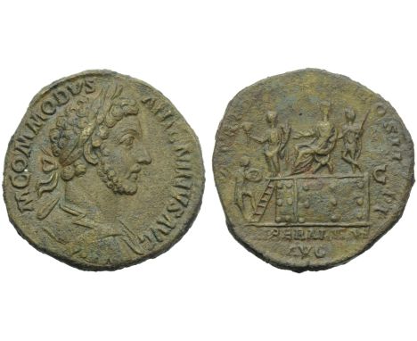 Commodus (177-192), Sestertius, Rome, AD 180; AE (g 22,58; mm 30; h 6); M COMMODVS - ANTONINVS AVG, laureate, draped and cuir