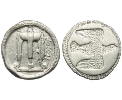 Bruttium, Croton, Stater, c. 530-500 BC; AR (g 8,03; mm 23; h 6); ?POTON, tripod with legs ending in lion's paws, on the lebe