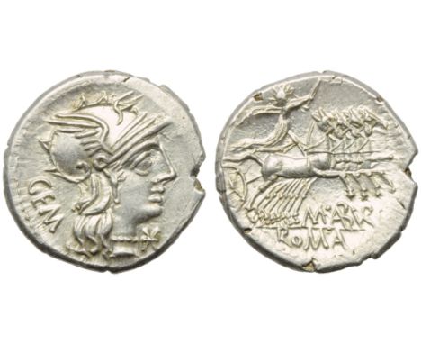 M. Aburius M.f. Geminus, Denarius, Rome, 132 BC; AR (g 3,94; mm 20; h 6); Helmeted head of Roma r.; behind, GEM; before, *, R