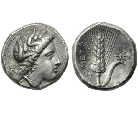 Lucania, Metapontion, Stater, c. 330-290 BC; AR (g 7,67; mm 20; h 4); Head of Demeter r., wearing barley wreath, earrings and