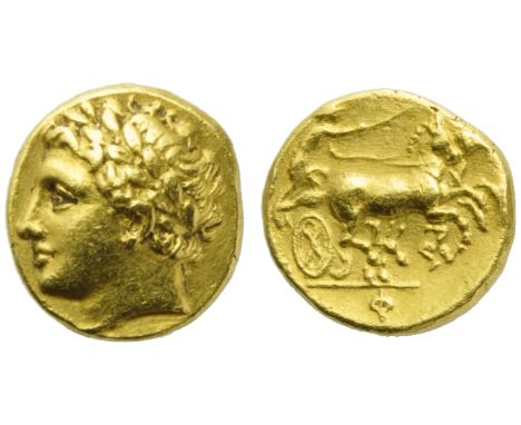 Sicily, Syracuse, Agathokles (317-289), 30 Litrai, c. 295-289 BC.; AV (g 2,82; mm 13; h 8); Laureate head of Apollo, Rv. Char
