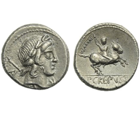 P. Crepusius, Denarius, Rome, 82 BC; AR (g 3,88; mm 17; h 8); Laureate head of Apollo r.; behind, sceptre and control letter;