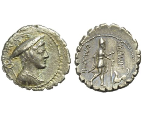 C. Mamilius Limetanus, Denarius serratus, Rome, 82 BC; AR (g 3,47; mm 20; h 8); Draped bust of Mercury r., wearing winged pet