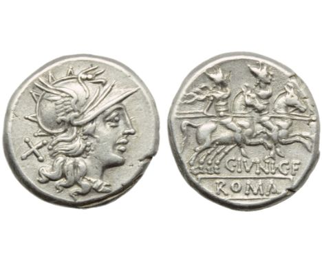 C. Junius C.f., Denarius, Rome, 149 BC; AR (g 4,06; mm 18; h 5); Helmeted head of Roma r.; behind, X, Rv. The Dioscuri gallop