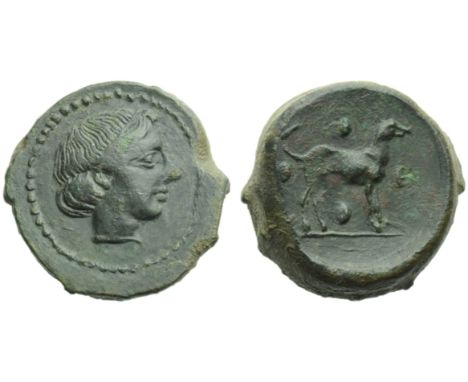 Sicily, Segesta, Trias, c. 420 BC; AE (g 9,86; mm 19; h 12); Head of Egeste r., wearing hair-band, Rv. Hound standing r.; aro