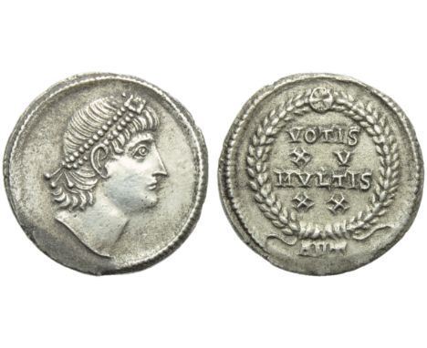 Constantius II (337-361), Siliqua, Antiochia, AD 337-347; AR (g 3,04; mm 20; h 11); Diademed head r., Rv. VOTIS / XV / MVLTIS